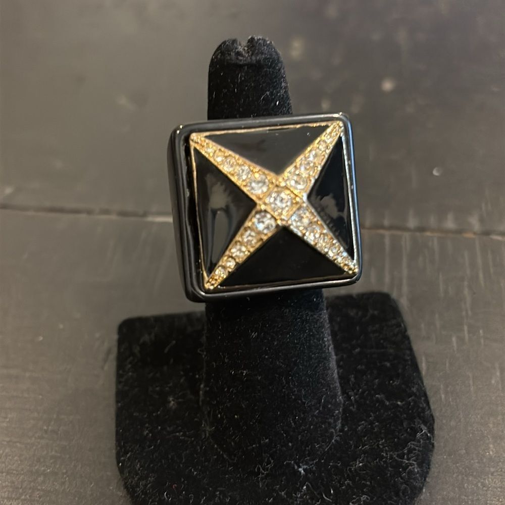 Chunky Pave Crystal Enamel Black and Gold Statement Ring Unique Size 6​​​